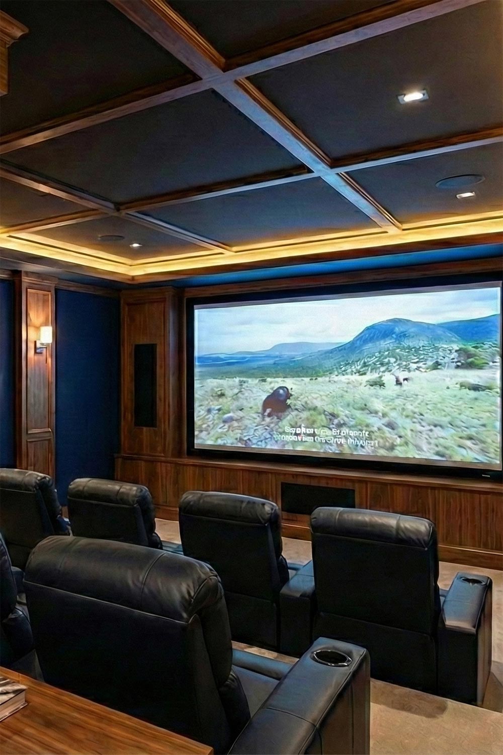 Traditional home cinema with wood paneled walls and a decorative coffered ceiling