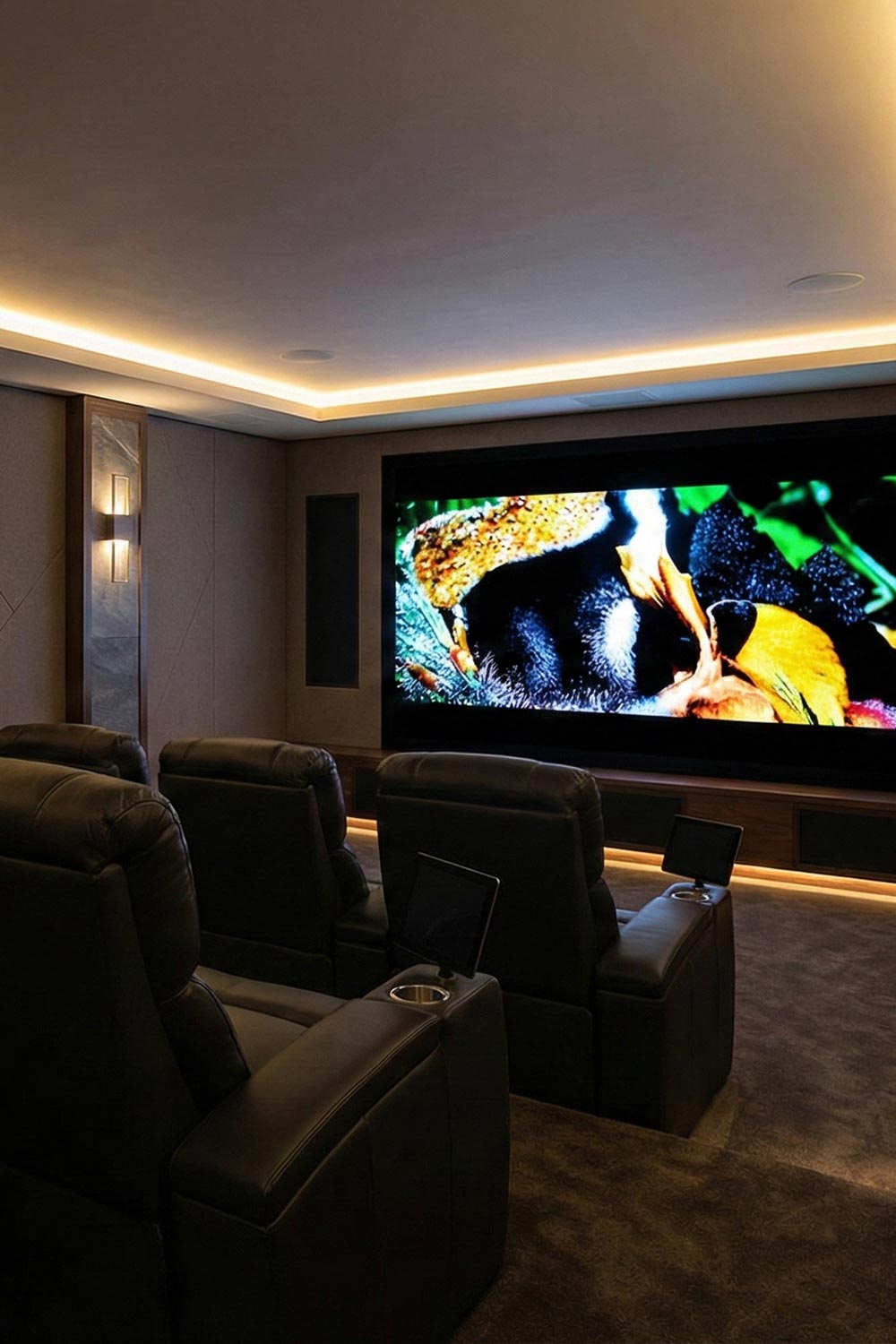 Sleek home theater with tiered leather seating and integrated control tablets in the armrests